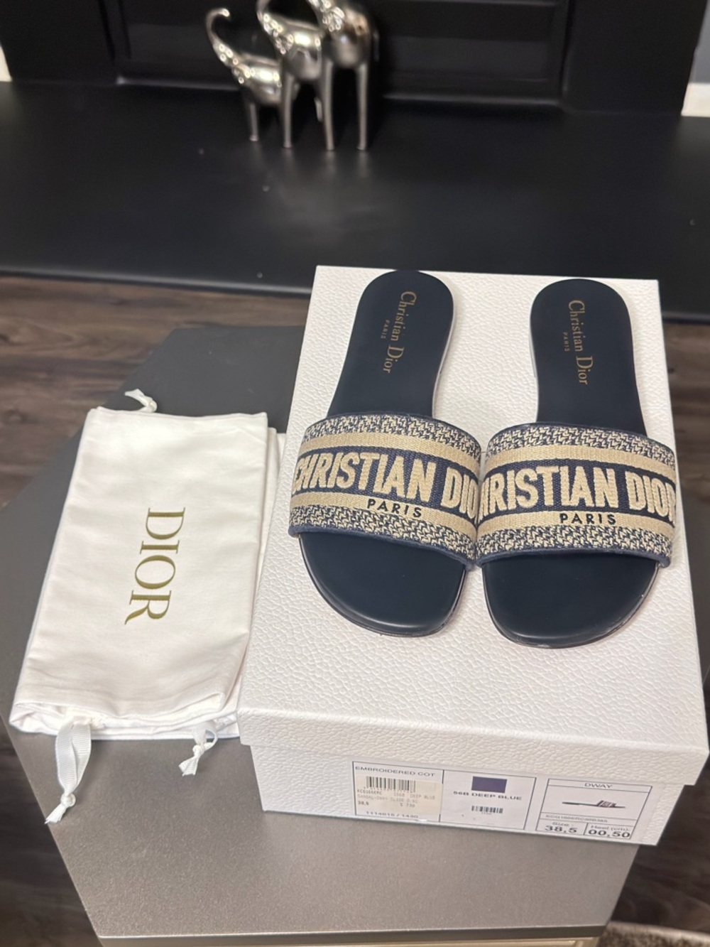Christian Dior Oblique Slide Sandals - Navy & Cream
